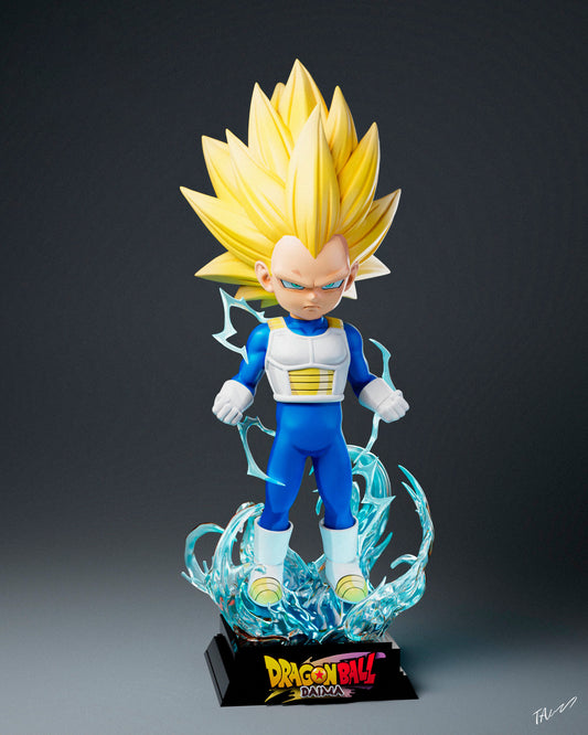 Figura coleccionable de Vegeta Super Saiyan inspirada en Dragon Ball Daima 2025, pintada a mano con acabados realistas sobre base personalizada.
