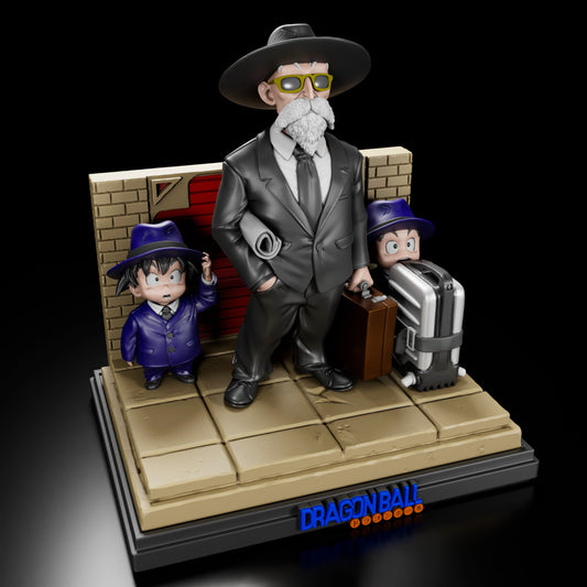 Figura coleccionable del Maestro Roshi junto a Goku y Krilin con trajes formales. Inspirada en la portada número 3 de Dragon Ball Ultimate. Incluye base ambientada con fondo de ladrillos y logo en relieve.