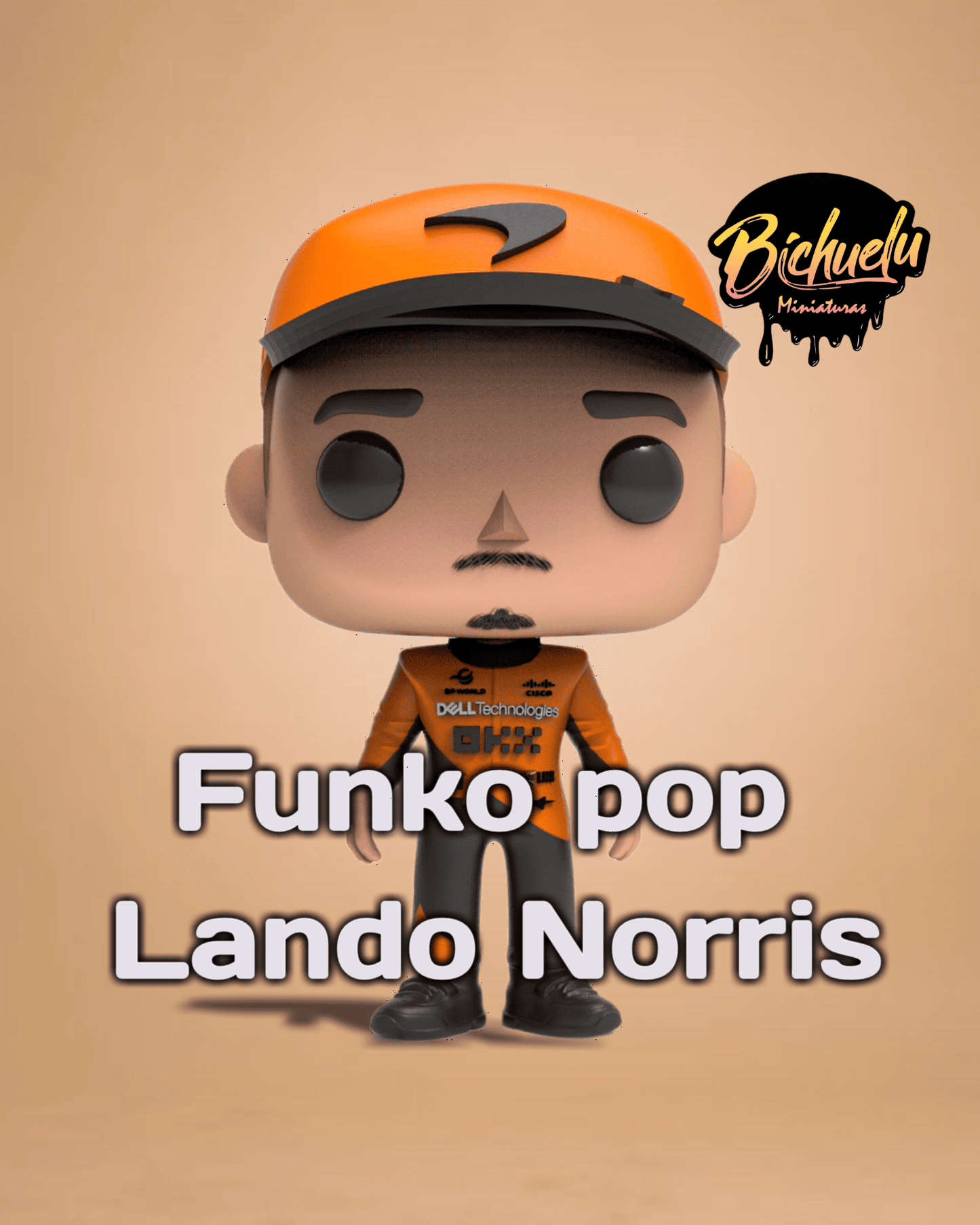 Figura coleccionable de Lando Norris, pintada a mano, inspirada en su estilo de piloto F1, con base personalizada.