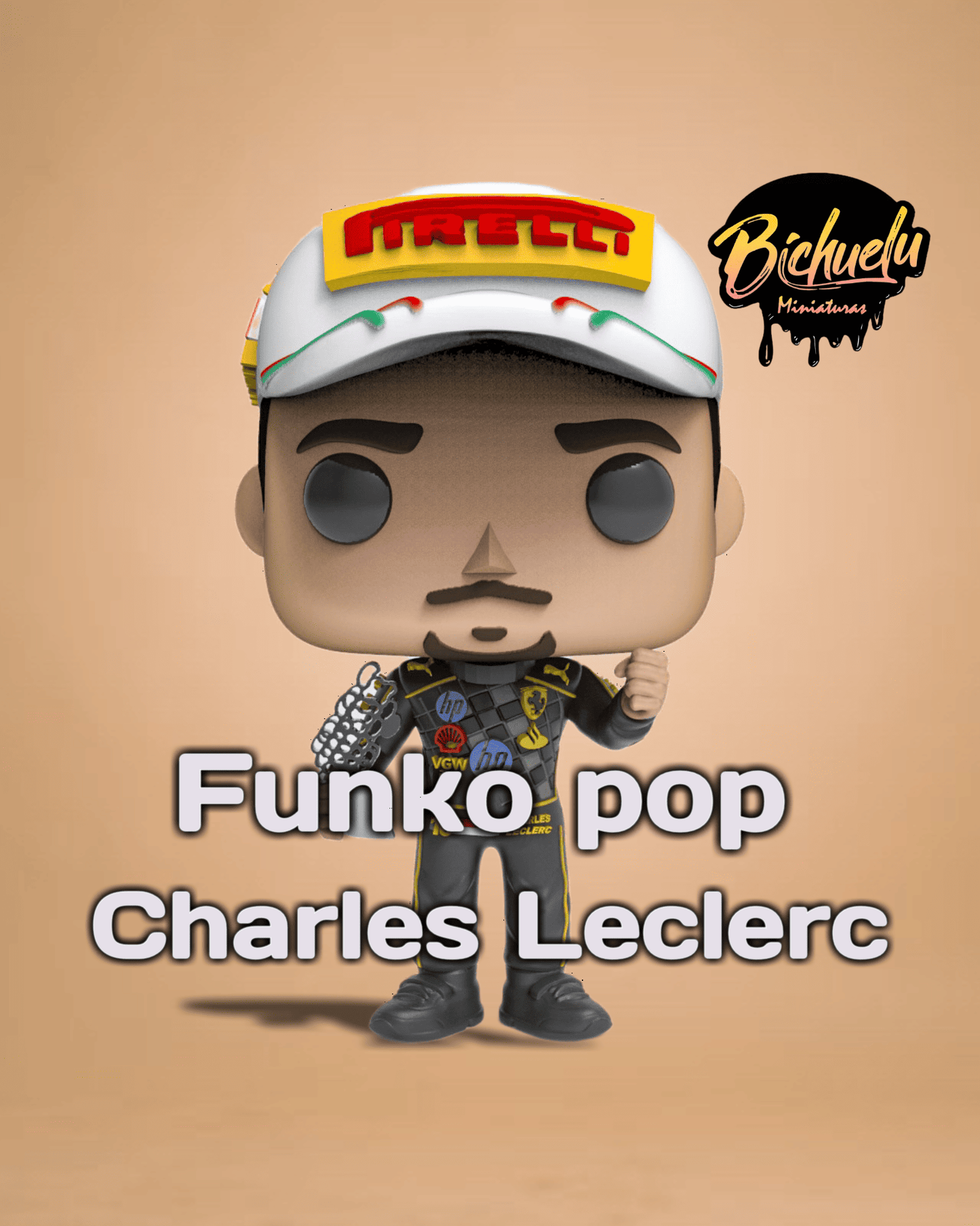 Figura coleccionable de Charles Leclerc inspirada en la F1, pintada a mano, con base personalizada, ideal para fans del automovilismo.