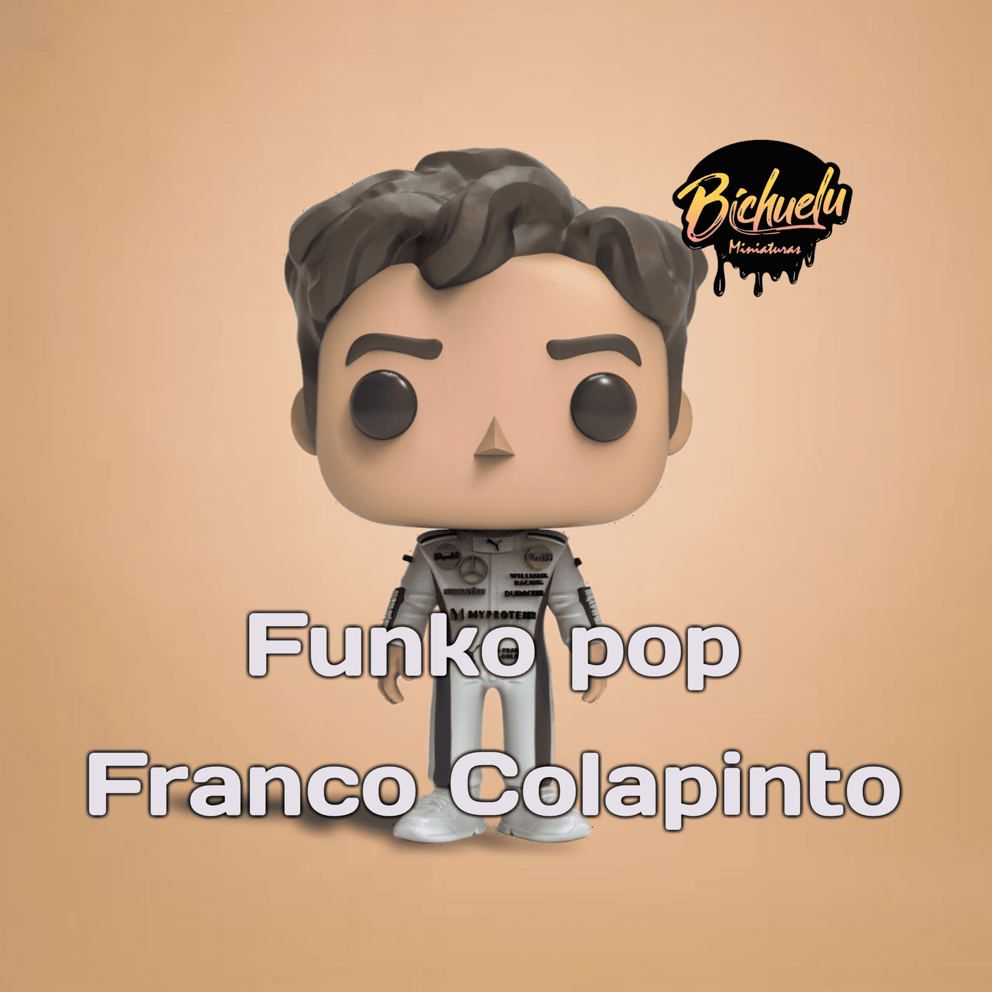 Figura coleccionable de Franco Colapinto inspirada en la Fórmula 2, pintada a mano, con base personalizada.