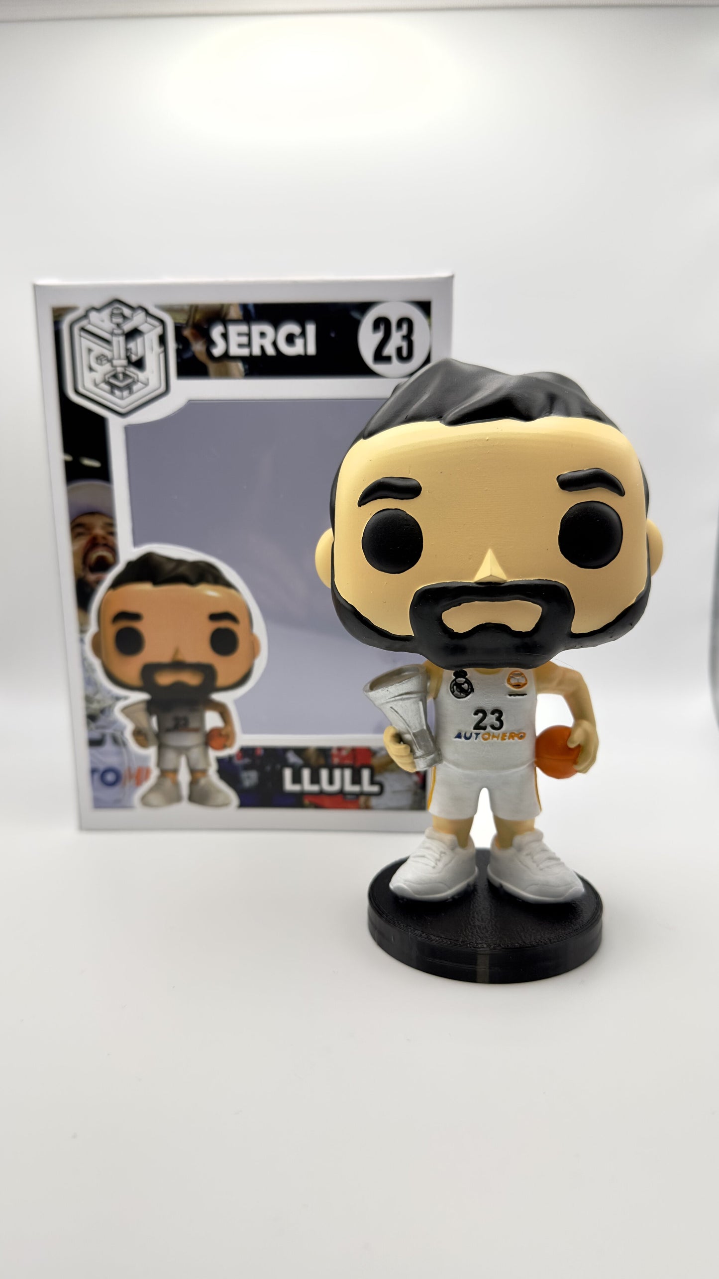 Figura coleccionable de Sergio Llull inspirada en su etapa en el Real Madrid, pintada a mano, con base personalizada.