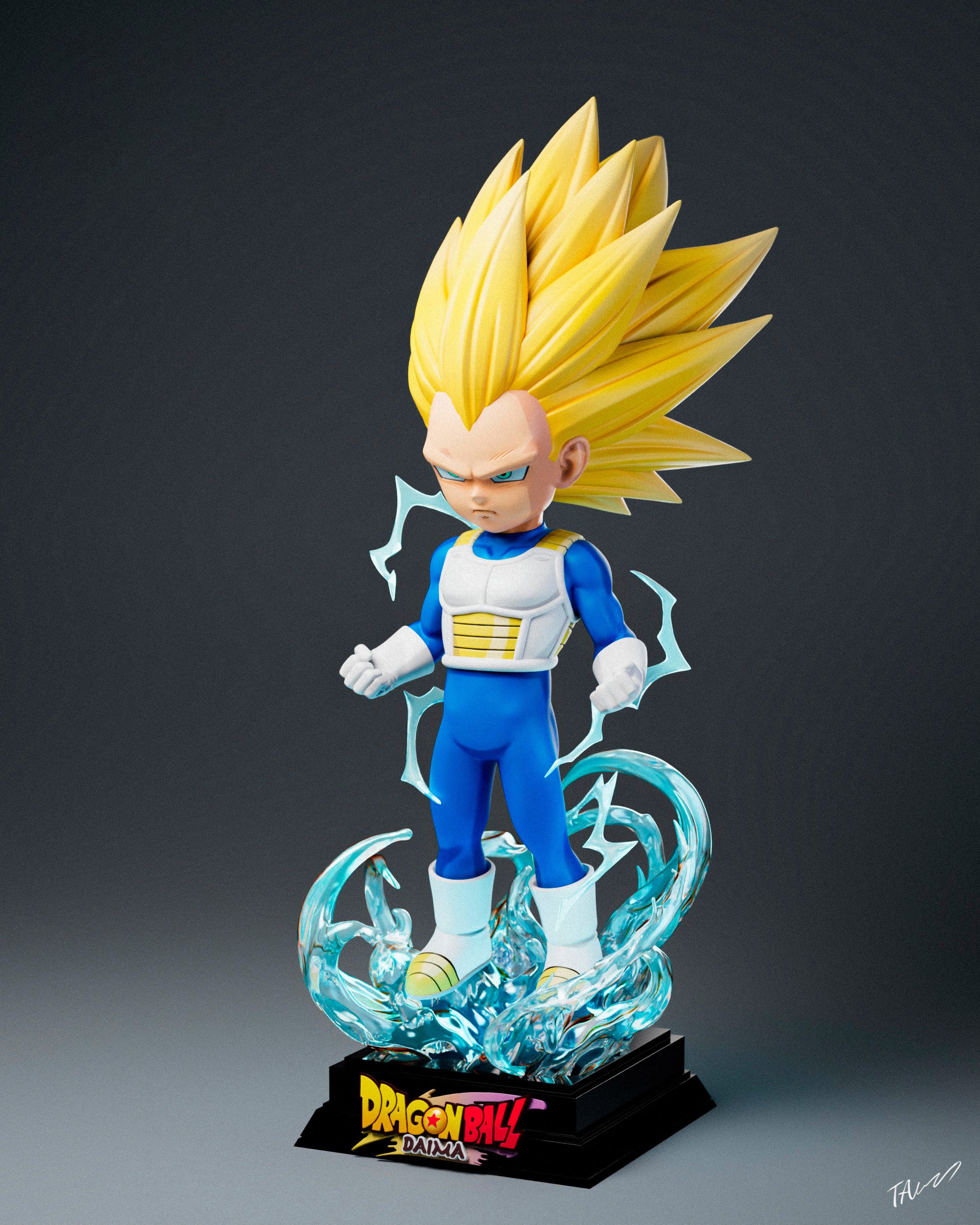 Figura coleccionable de Vegeta Super Saiyan inspirada en Dragon Ball Daima 2025, pintada a mano con acabados realistas sobre base personalizada.
