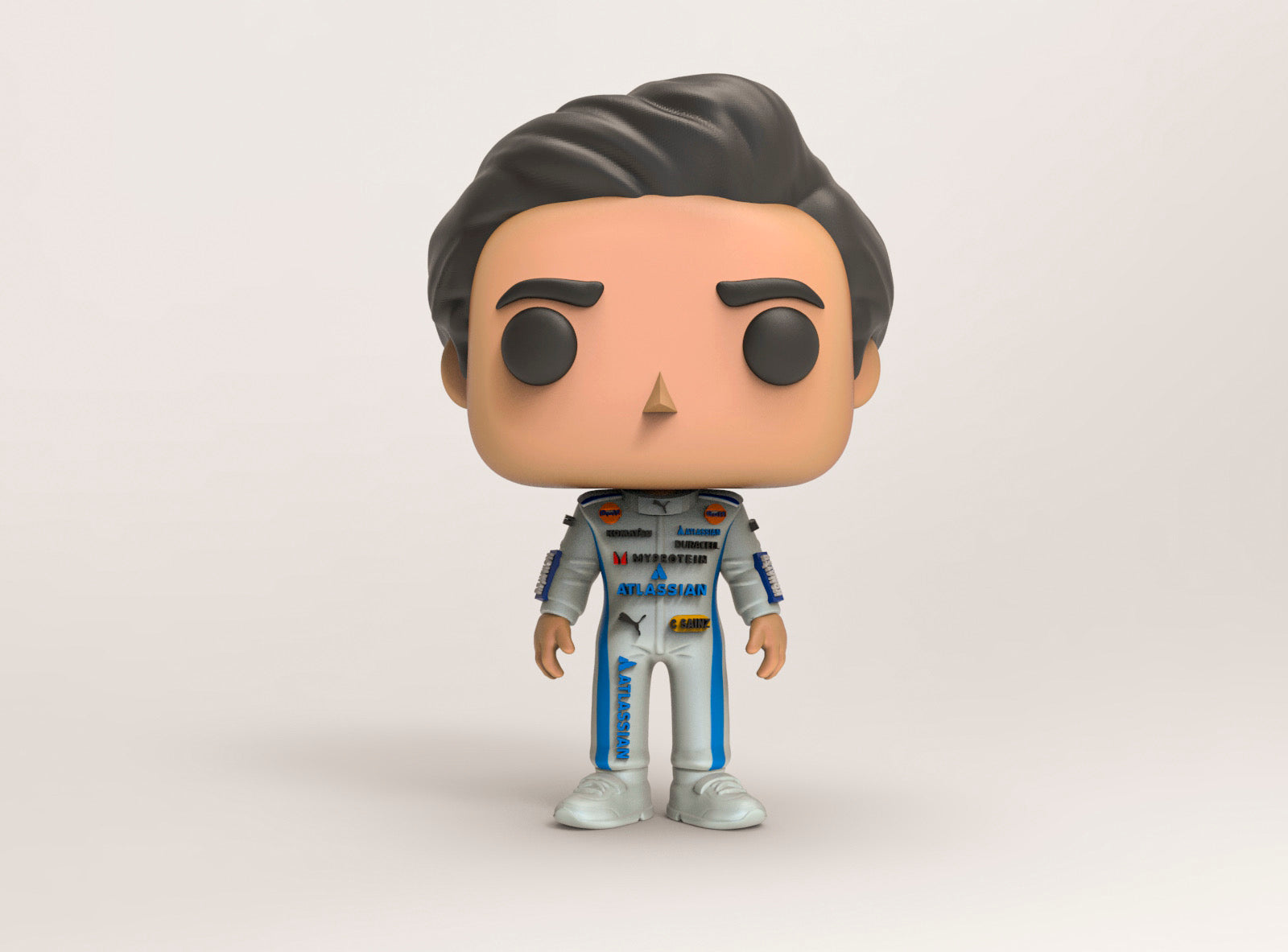 Figura coleccionable de Carlos Sainz 2025 inspirada en Fórmula 1, pintada a mano, sobre base personalizada, ideal para fans y coleccionistas de automovilismo.