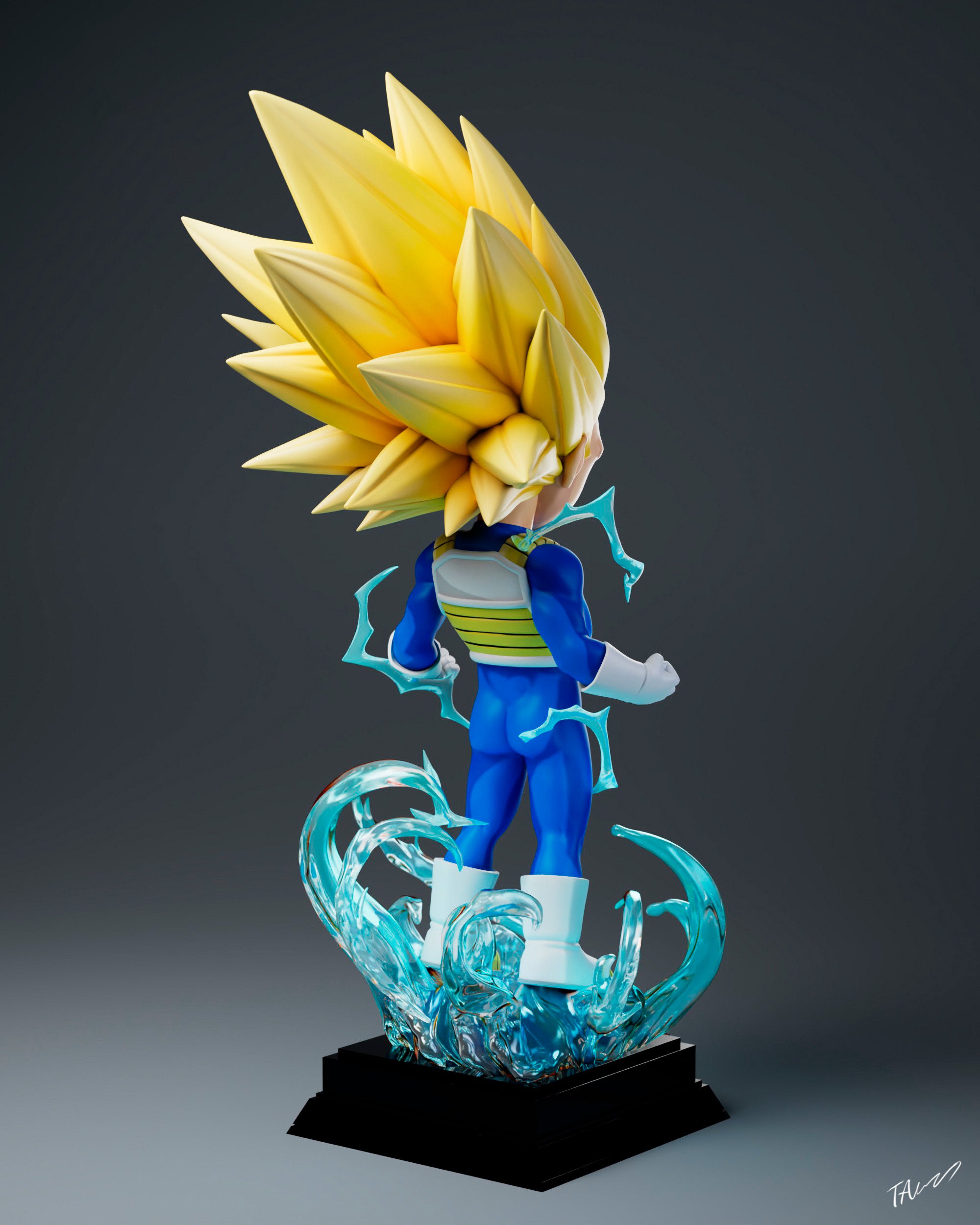 Figura coleccionable de Vegeta Super Saiyan inspirada en Dragon Ball Daima 2025, pintada a mano con acabados realistas sobre base personalizada.
