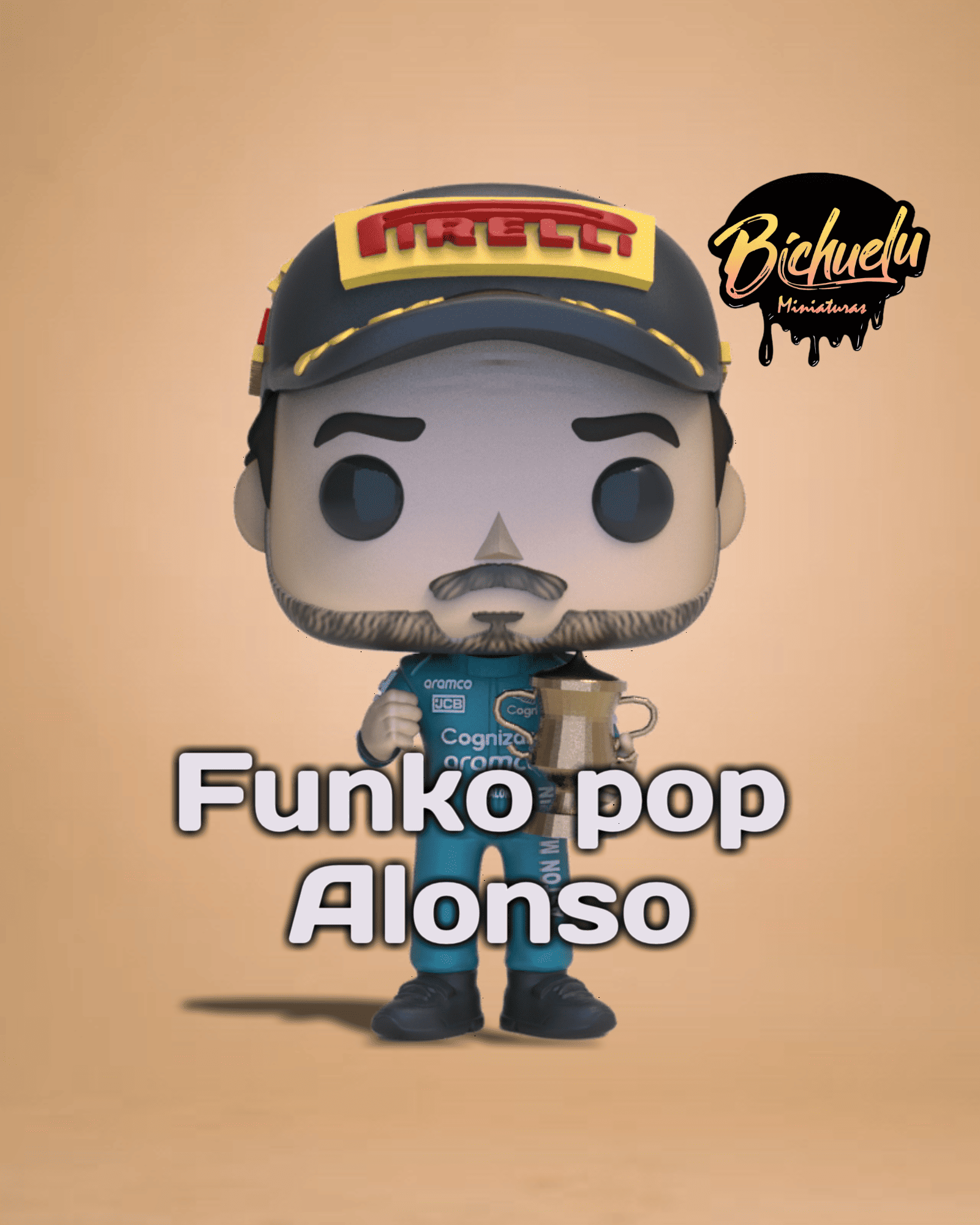Figura coleccionable de Fernando Alonso 2024, pintada a mano, sobre base personalizada, inspirada en su actual etapa en la Fórmula 1.
