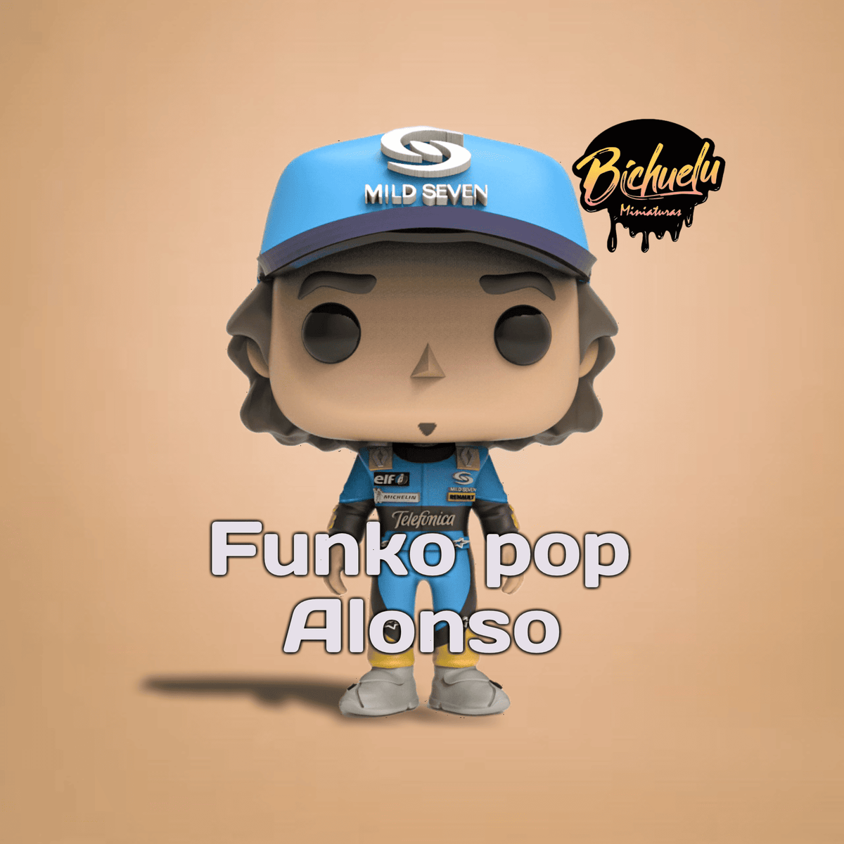 Figura coleccionable de Fernando Alonso 2005, pintada a mano, inspirada en su etapa campeona en la F1, sobre base personalizada.
