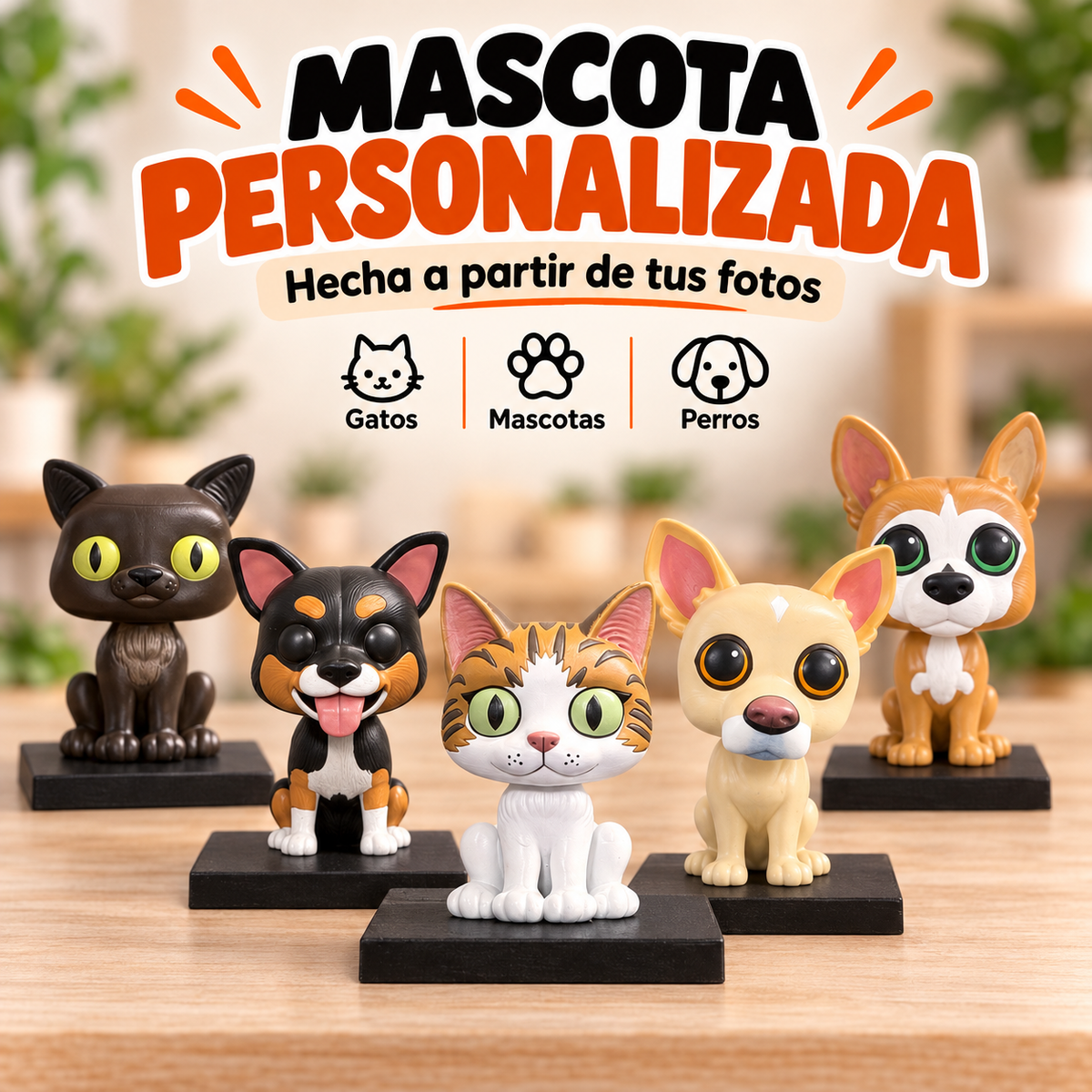 Figuras personalizadas de mascotas creadas a partir de fotografías, modeladas en 3D y pintadas a mano.