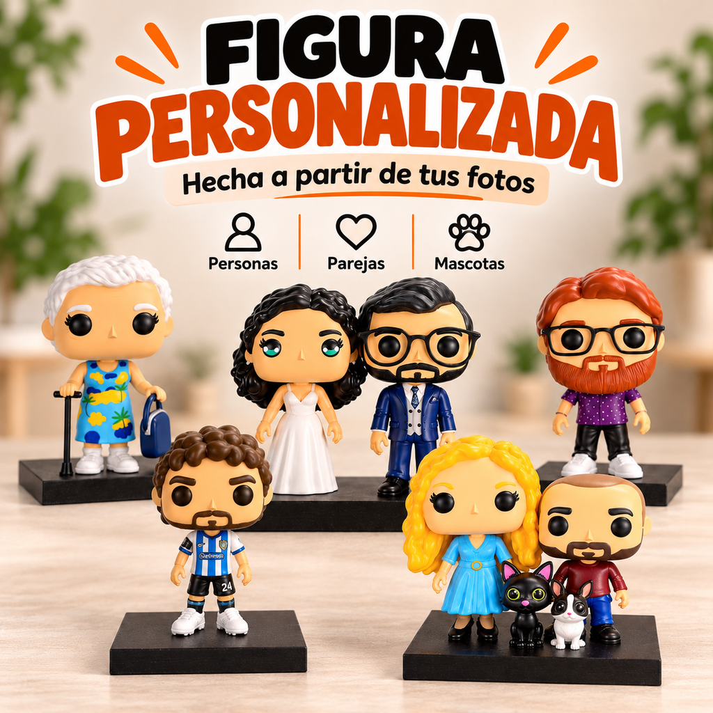 Figuras personalizadas de personas creadas a partir de fotografías mediante impresión 3D y pintadas a mano.