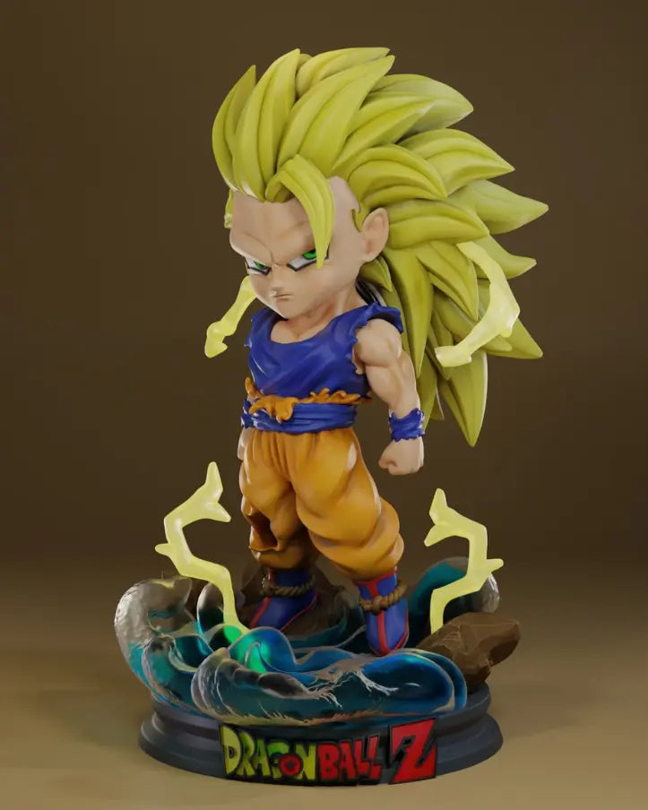 Figura coleccionable estilo chibi de Goku Super Saiyan 3, pintada a mano, con base personalizada, inspirada en Dragon Ball.
