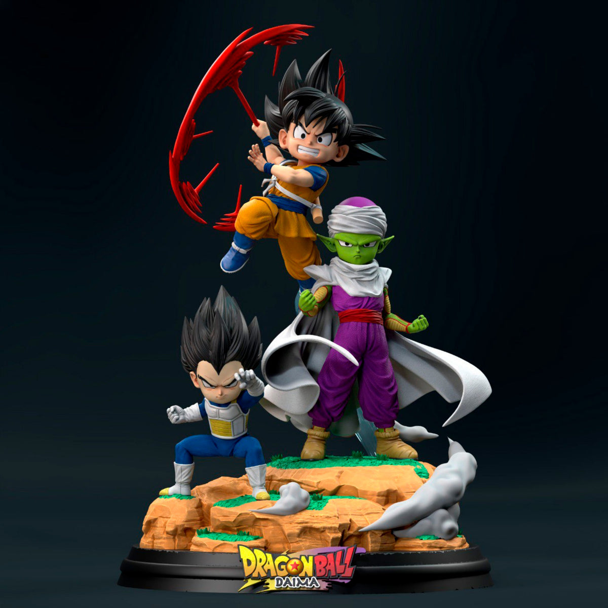 Diorama inspirado en Dragon Ball Daima con personajes vestidos al estilo clásico, sobre una base decorada con detalles de ladrillos y suelo texturizado. Incluye maletas, fondo con banco y la palabra Dragon Ball.

