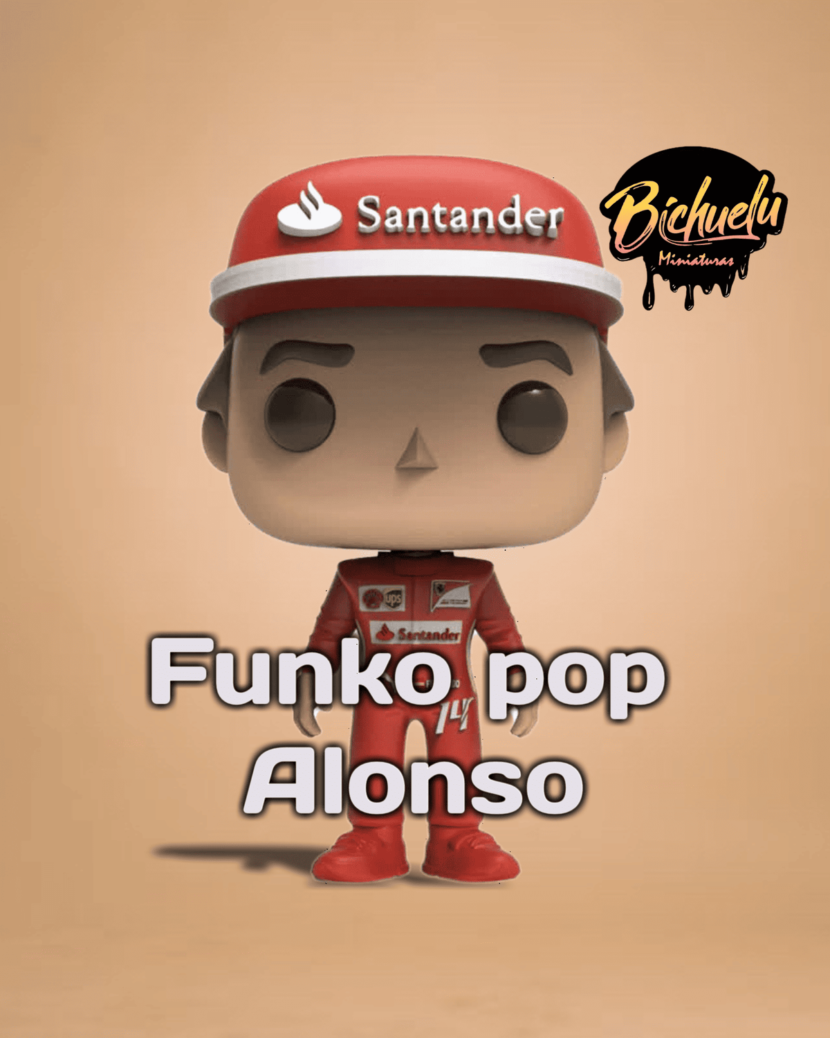 Figura coleccionable de Fernando Alonso con Ferrari, pintada a mano, sobre base personalizada, inspirada en su época como piloto de la escudería.

