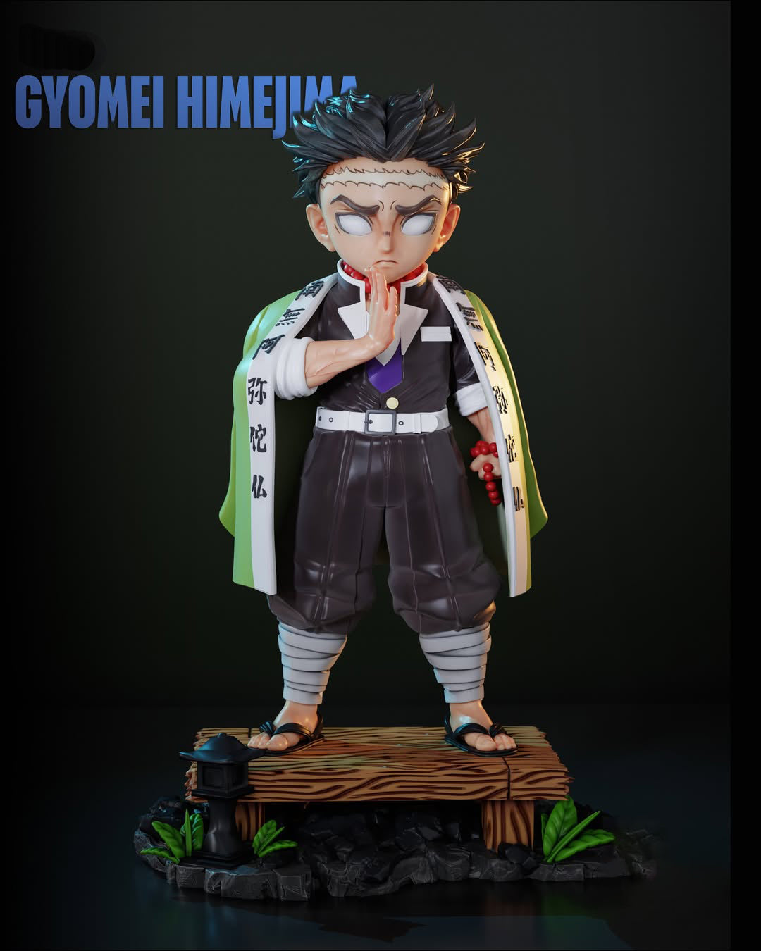 Figura guerrero monje estilo chibi sobre base de madera tradicional