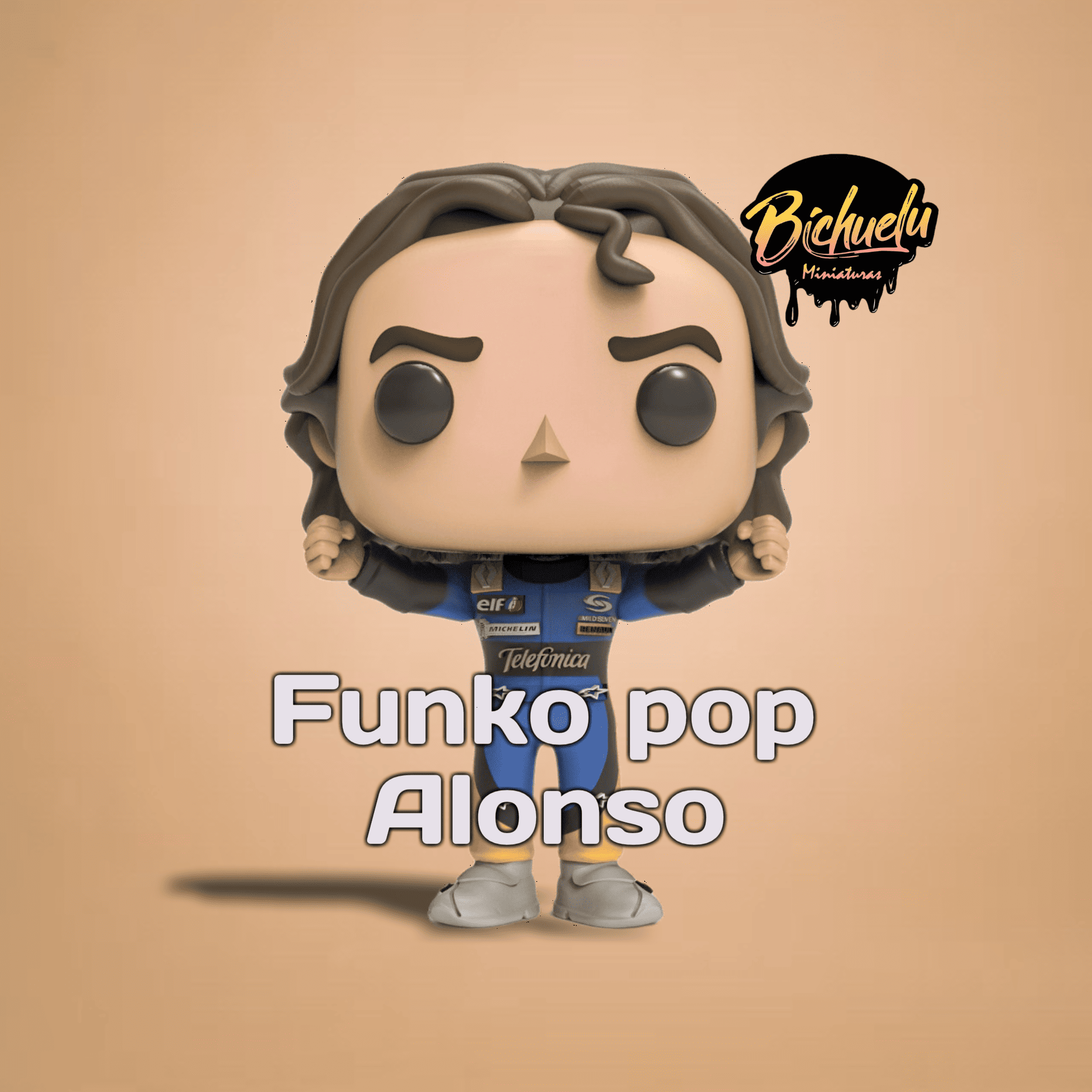 Figura coleccionable de Fernando Alonso inspirada en su temporada 2005, pintada a mano, con base personalizada.
