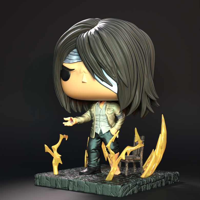 Vista lateral del diorama de Eren Yeager con cabello largo, vendaje, camisa clara, chaqueta, silla de madera y rayos dorados