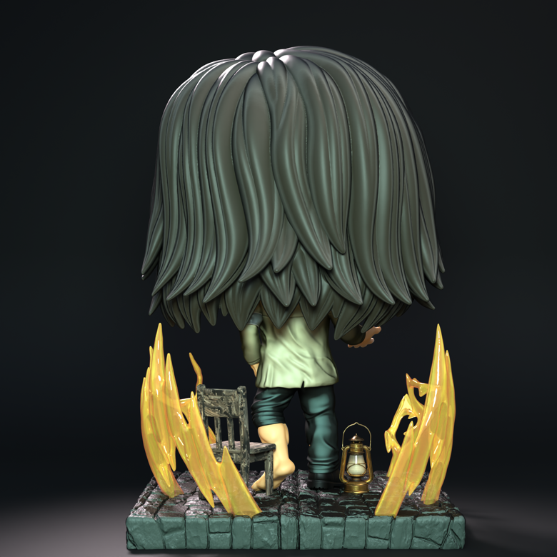 Vista posterior de la figura de Eren Yeager en Marley con silla, farol y efectos dorados sobre una base de piedra