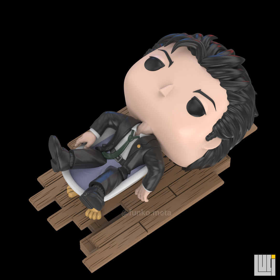 Figura coleccionable de Hiromi Higuruma de Jujutsu Kaisen recostado en una bañera sobre base de madera, versión compacta