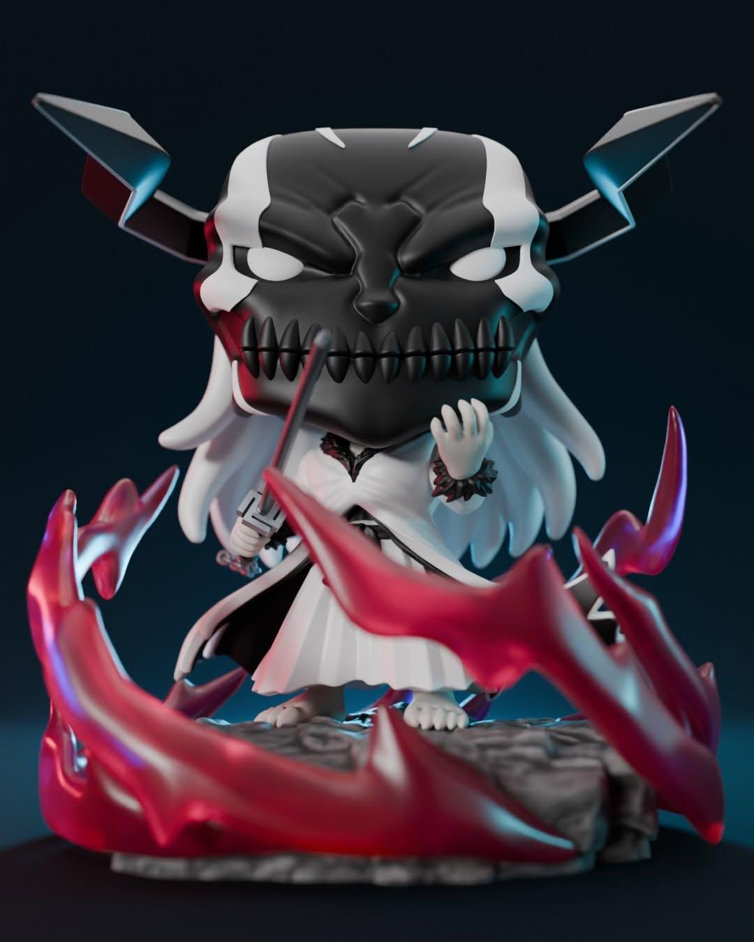 Primer plano de la figura de Hollow Ichigo, mostrando la máscara hueca pintada a mano.

