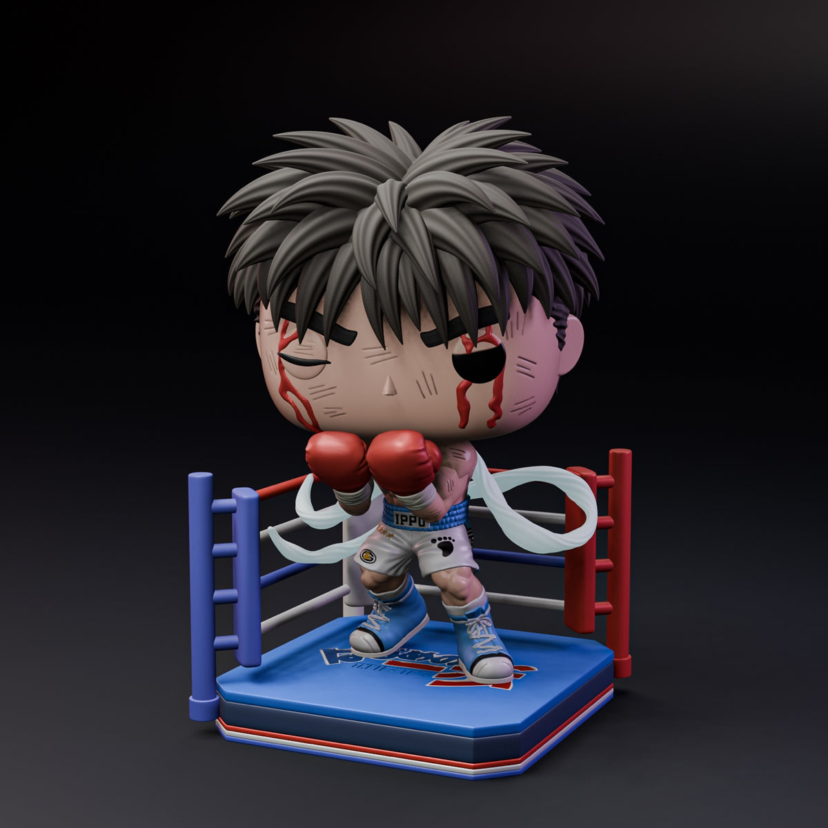 Figura coleccionable inspirada en Ippo Makunouchi de Hajime no Ippo, vista frontal en el ring