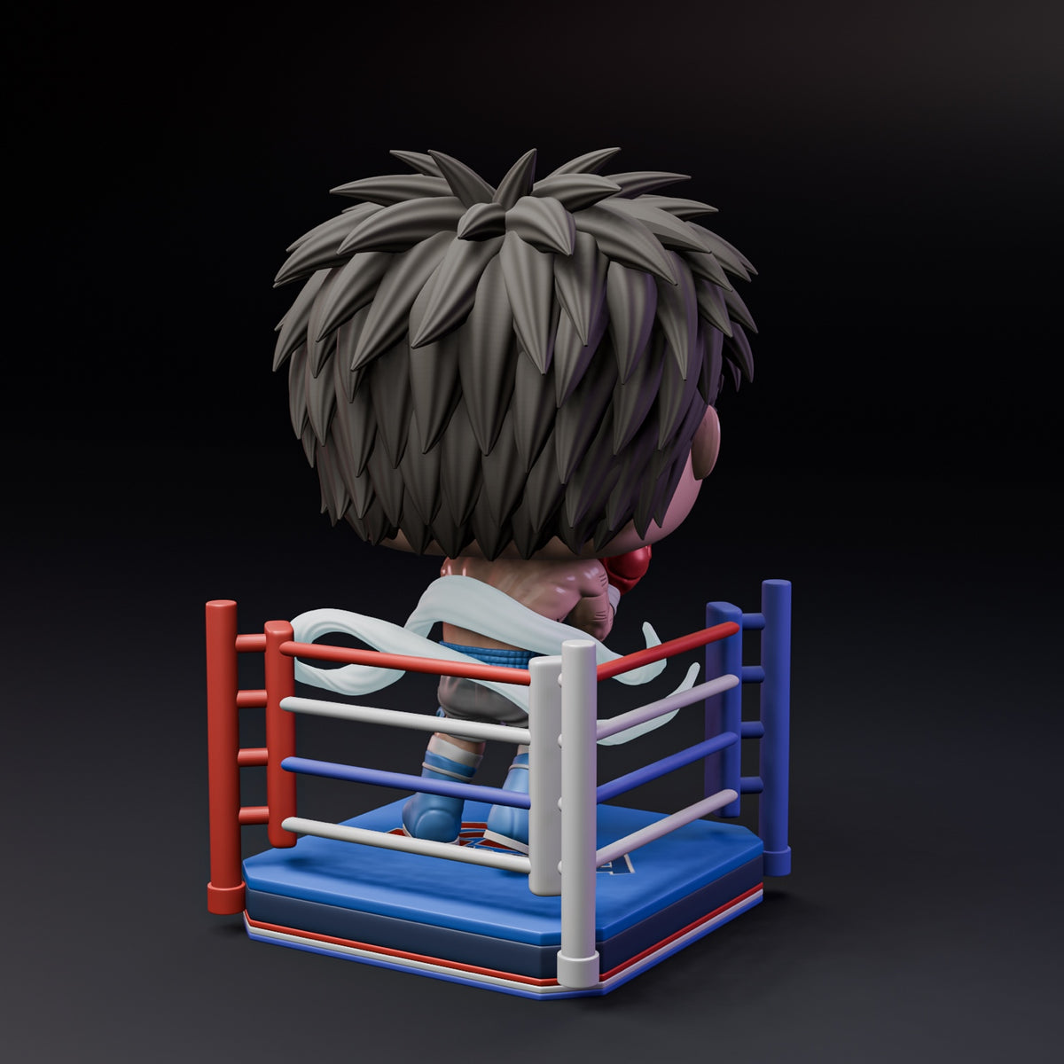 Figura coleccionable inspirada en Ippo Makunouchi de Hajime no Ippo, vista trasera en el ring