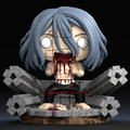 Figura Mahito de Jujutsu Kaisen, cabello azul grisáceo, ojos blancos, costuras en el rostro y diorama de ruinas, vista frontal