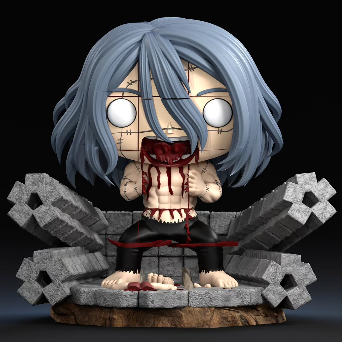 Figura Mahito de Jujutsu Kaisen, cabello azul grisáceo, ojos blancos, costuras en el rostro y diorama de ruinas, vista frontal