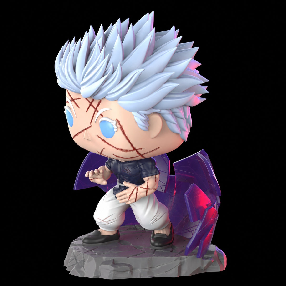 Figura de Satoru Gojo inspirada en su Dominio de Expansión Vacío Inconmensurable, vista frontal con fragmentos violetas