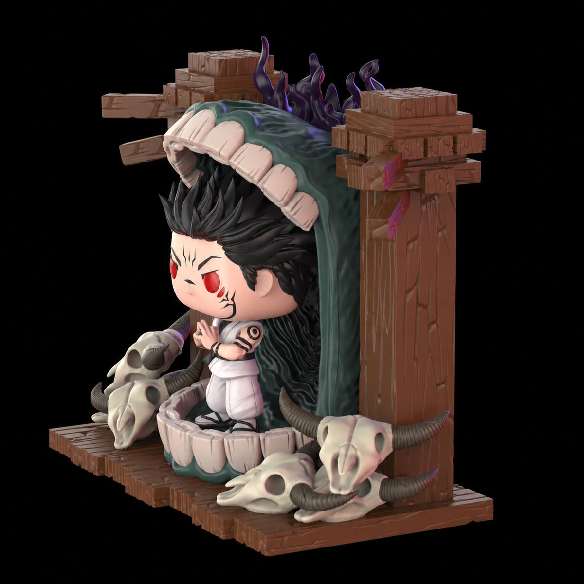 Figura de Sukuna Dominio de Expansión vista lateral con columnas de madera y calaveras con cuernos
