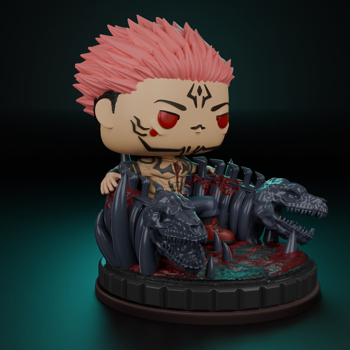 Figura coleccionable inspirada en Sukuna de Jujutsu Kaisen, vista lateral derecha con base oscura