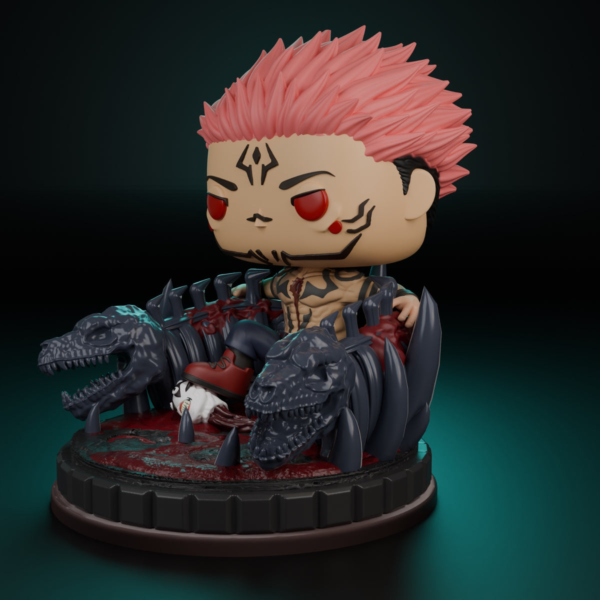 Figura coleccionable inspirada en Sukuna de Jujutsu Kaisen, vista lateral izquierda con trono y cráneos