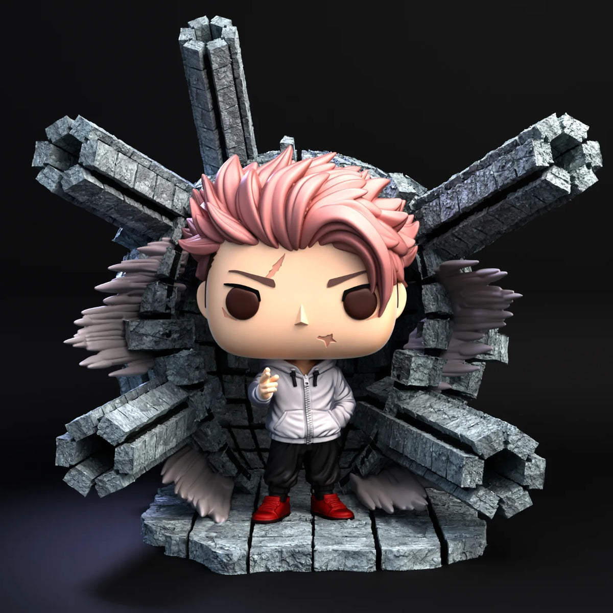 Yuji Itadori sin capucha, pelo rosado y diorama de piedra fragmentada, vista frontal