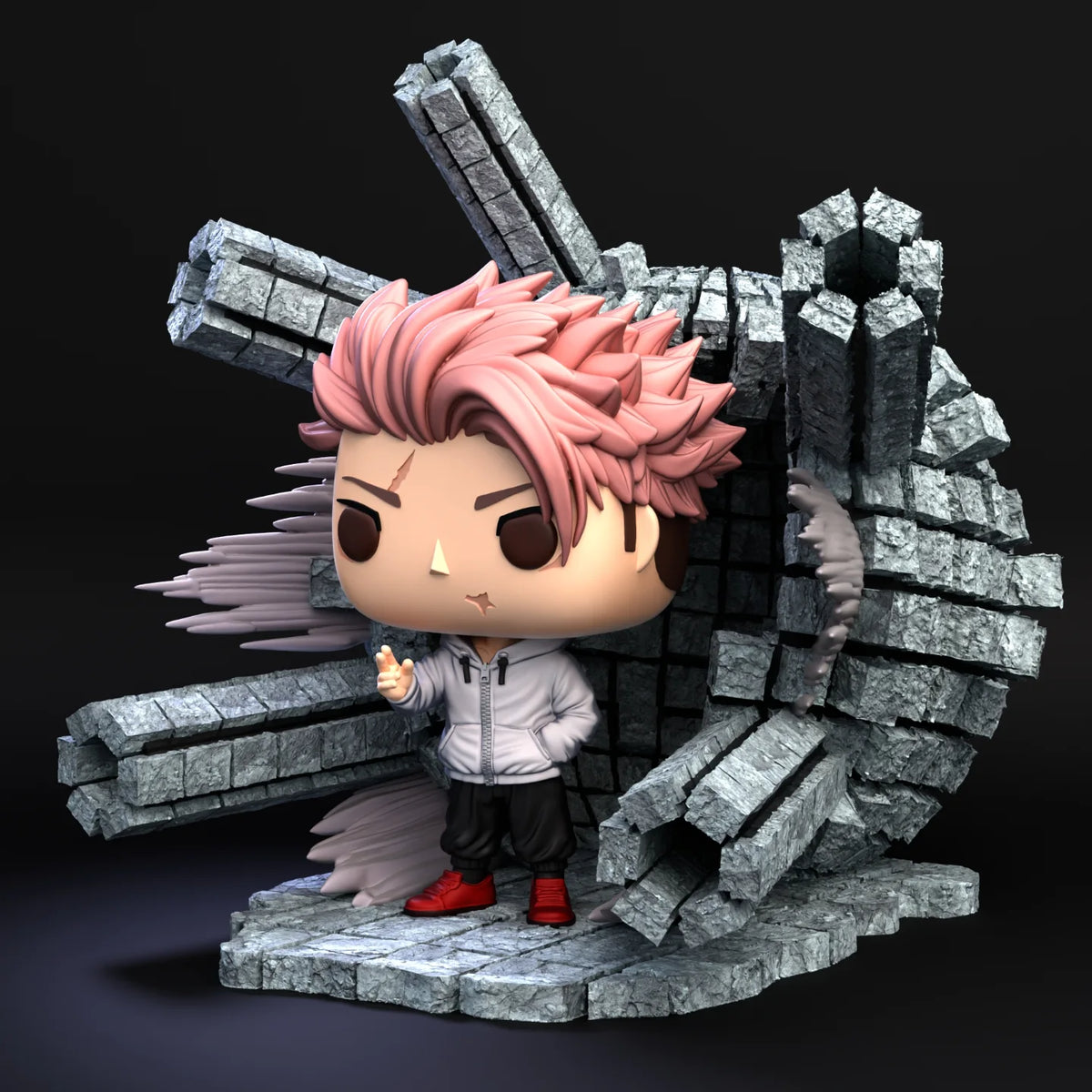 Figura de Yuji Itadori sin capucha sobre base de ruinas y columnas de piedra, vista lateral