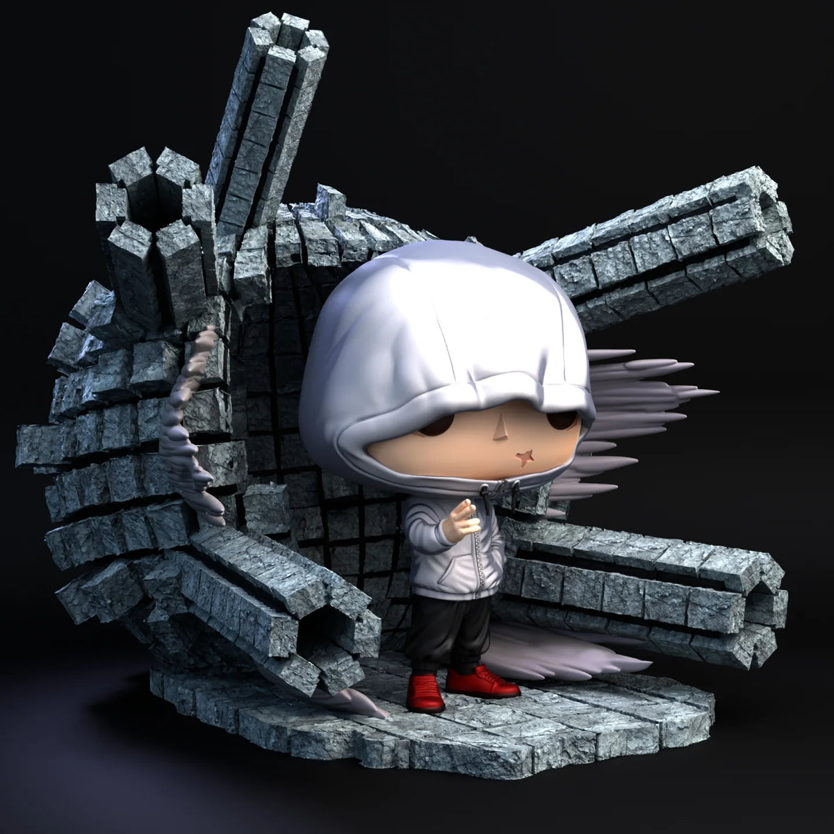 Figura de Yuji Itadori con capucha gris y escenografía de columnas de piedra fracturadas, vista lateral